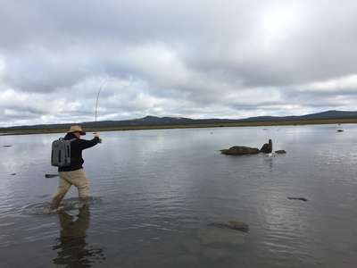 United States Journalist Kirk Deeter fishing the Nineteen Lagoons in Tasmania