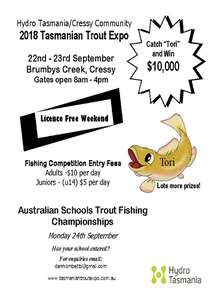 The flyer for the Hydro Tasmania/Cressy Community 2018 Trout Expo flyer for Saturday 22 and Sunday 23 September at Brumbys Creek, Cressy from 8am to 4pm daily